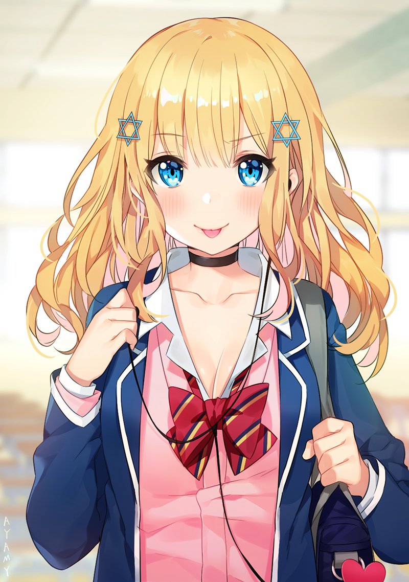 1girl, :p, artist_name, ayamy, bag, bangs, blazer, blonde_hair