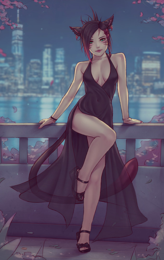 1girl, animal_ears, bare_shoulders, black_dress, black_hair, blurry, blurry_background, bracelet