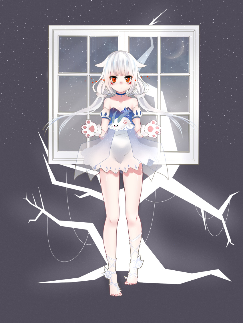 1girl, 2200659903_rika, bare_shoulders, blush, collarbone, elsword, eve_(elsword), facial_mark, full_body, gloves, highres, long_hair, paw_gloves, paws, red_eyes, see-through, simple_background, slit_pupils, snow_bunny, standing, window