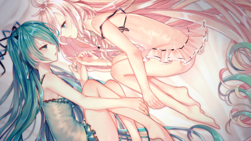 2girls, absurdly_long_hair, ahoge, aqua_hair, bare_arms, bare_legs, bare_shoulders, bed_sheet