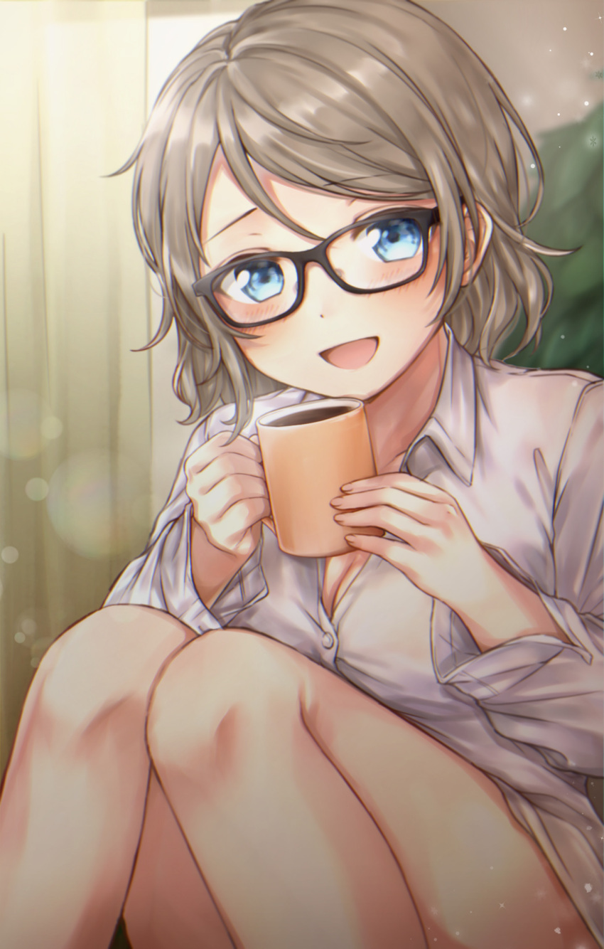 1girl, :d, bangs, bare_legs, bespectacled, black-framed_eyewear, blue_eyes, breasts