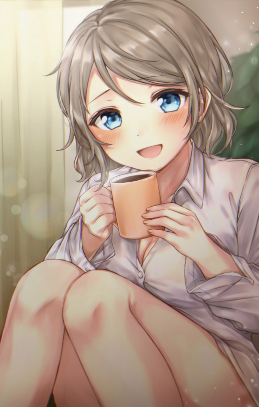 1girl, :d, bangs, bare_legs, blue_eyes, breasts, brown_hair, cleavage