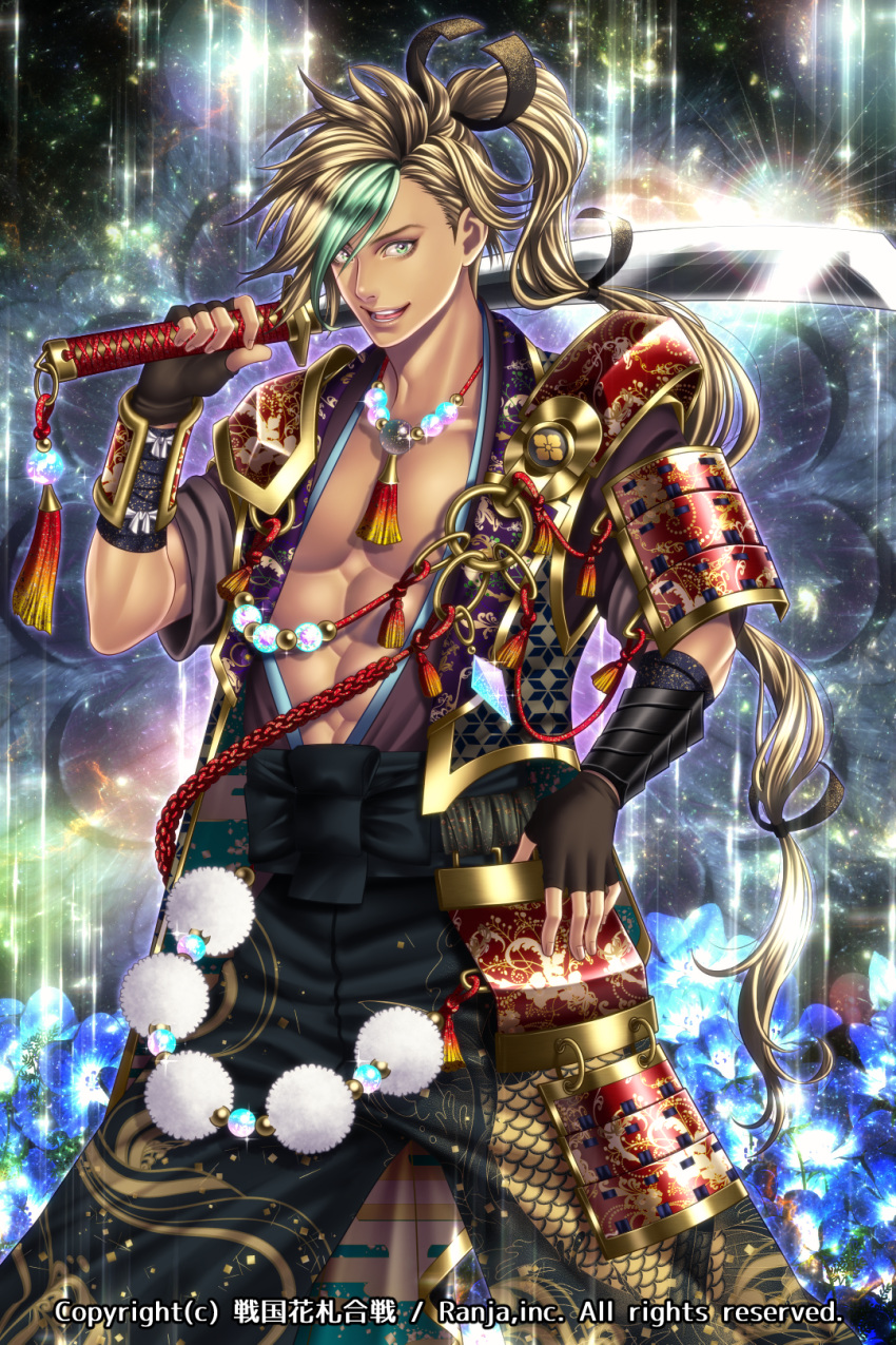 1boy, abs, aqua_hair, armor, black_gloves, blonde_hair, blue_eyes, bracer