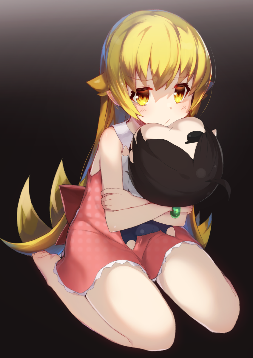 1girl, araragi_koyomi, barefoot, black_background, blonde_hair, blush, character_doll, doll, dress, eyebrows_visible_through_hair, highres, long_hair, monogatari_(series), oshino_shinobu, pink_dress, pointy_ears, polka_dot, polka_dot_dress, pout, simple_background, sitting, sleeveless, sleeveless_dress, solo, wariza, yamai_fake, yellow_eyes