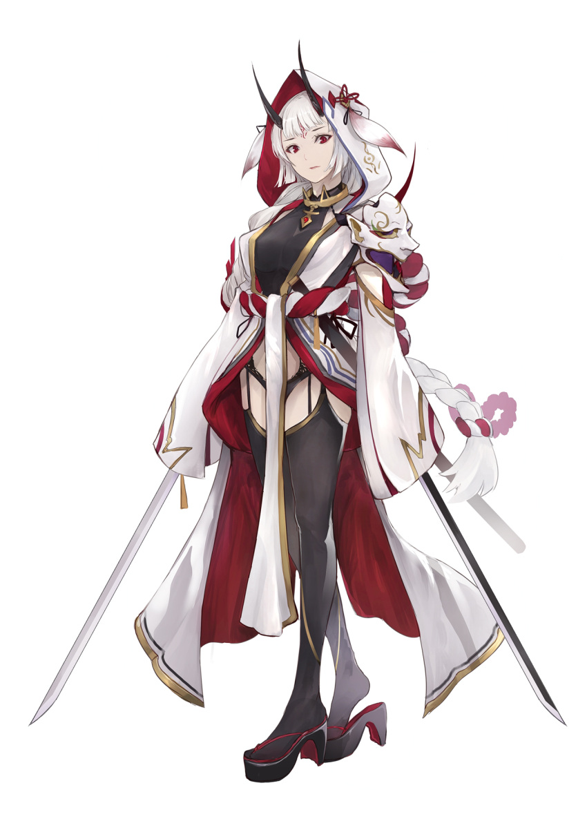 1girl, bangs, black_legwear, black_panties, black_undershirt, braided_ponytail, breasts, facial_mark, garter_belt, garter_straps, geta, hearts_recollection, highres, hood, horns, japanese_clothes, jewelry, katana, kimono, long_hair, long_sleeves, makeup, marumoru, mascara, mask_on_shoulder, necklace, nontraditional_miko, obi, oni_horns, oni_mask, panties, red_eyes, rope, sandals, sash, scabbard, sheath, shimenawa, sleeves_past_wrists, solo, sword, thigh-highs, undershirt, underwear, weapon, white_hair, wide_sleeves