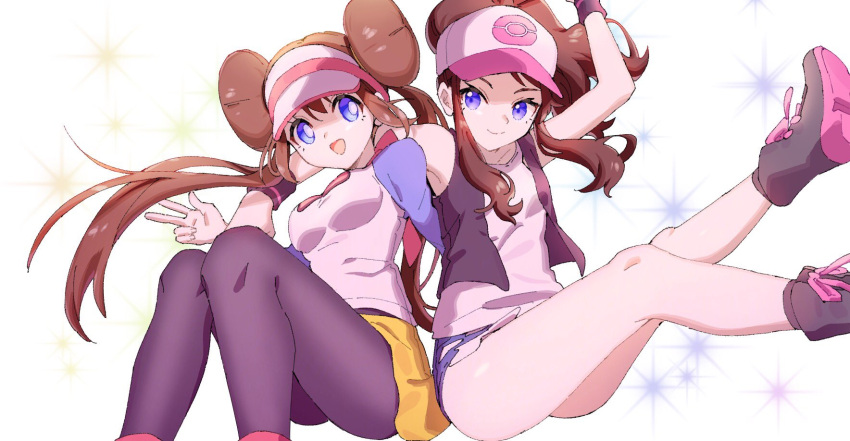 2girls, ankea_(a-ramo-do), arm_over_shoulder, ass, baseball_cap, black_legwear, black_wristband, blue_eyes