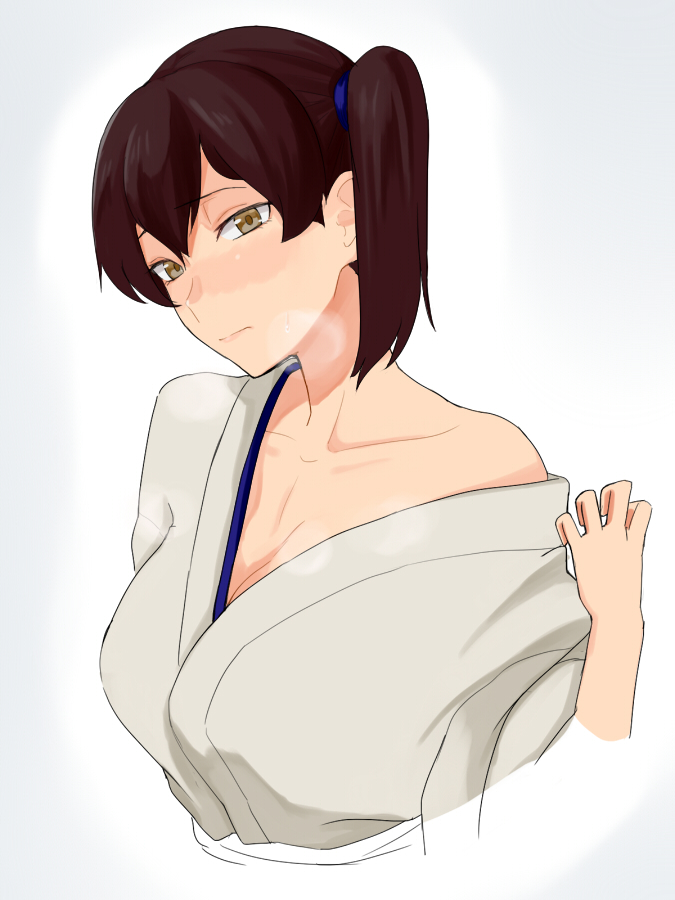 1girl, bare_shoulders, blush, breasts, brown_eyes, brown_hair, cleavage, japanese_clothes