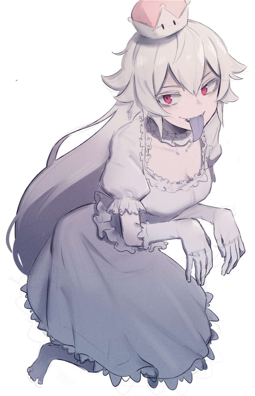 1girl, absurdres, barefoot, breasts, cleavage, crown, dress, fangs