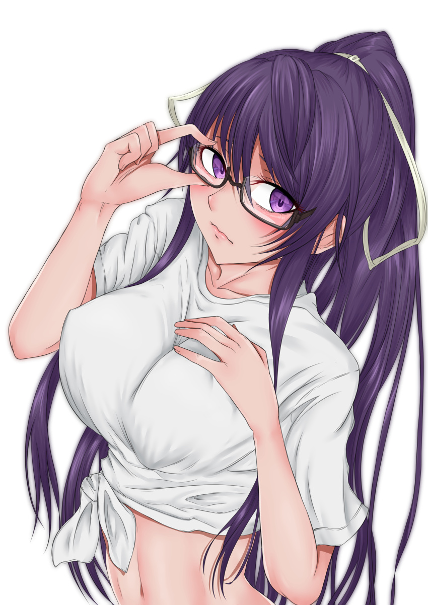 1girl, absurdres, adjusting_eyewear, bangs, blush, breasts, closed_mouth, collarbone, covered_nipples, glasses, hair_ribbon, hand_on_own_chest, highres, kana_kinoko, kanzaki_kaori, large_breasts, long_hair, looking_at_viewer, navel, ponytail, purple_hair, ribbon, semi-rimless_eyewear, shirt, short_sleeves, sidelocks, simple_background, solo, t-shirt, tied_shirt, to_aru_majutsu_no_index, under-rim_eyewear, upper_body, violet_eyes, white_background, white_ribbon, white_shirt