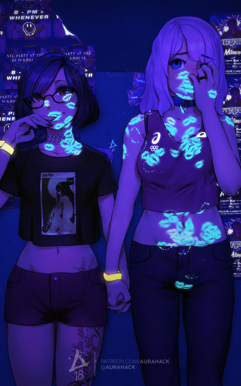 2girls, blue_eyes, choker, commentary, covering_face, crop_top, english_commentary, erica_june_lahaie