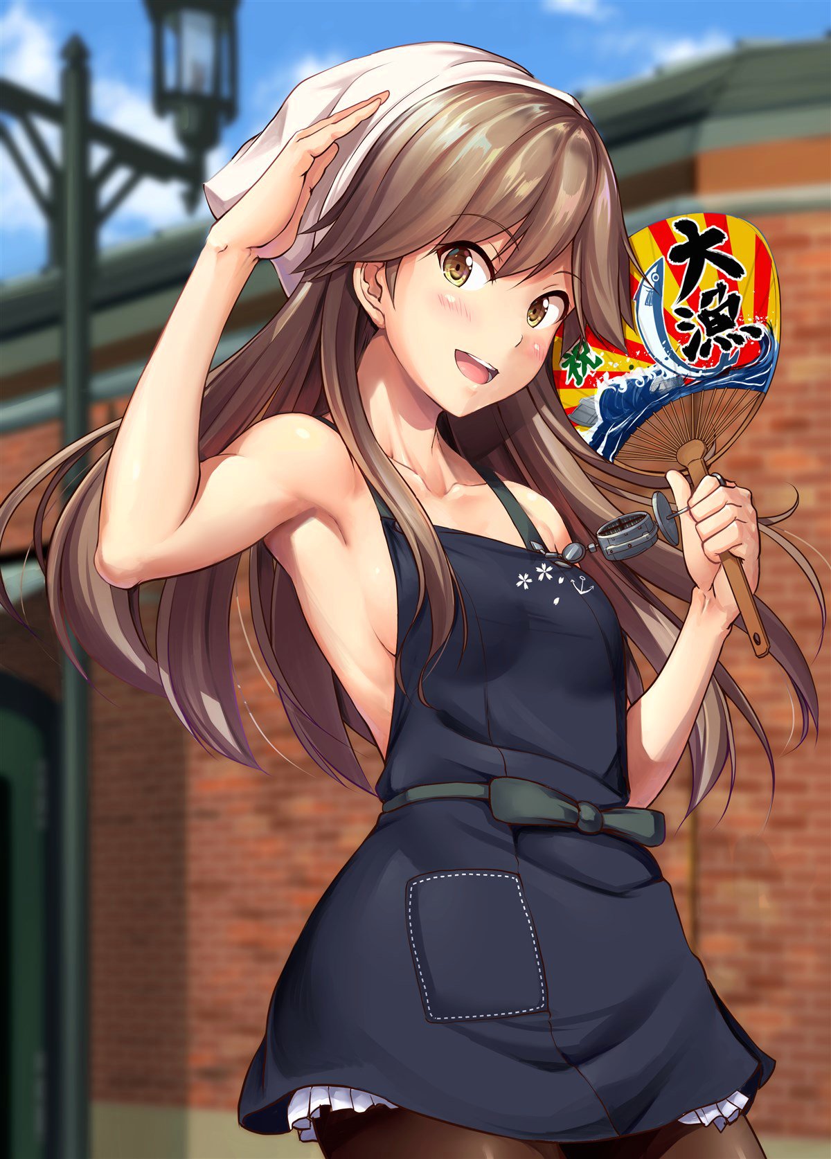 1girl, anchor_symbol, apron, arashio_(kantai_collection), armpits, bangs, blue_sky, blurry