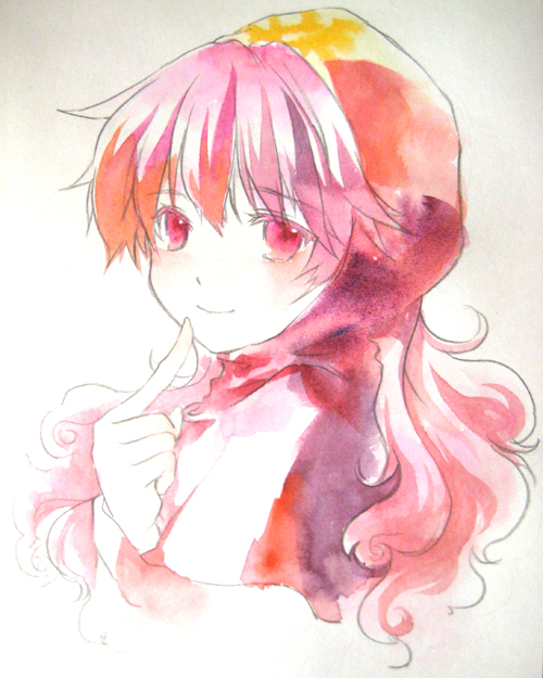 1girl, closed_mouth, colored_pencil_(medium), commentary_request, curly_hair, dragon_quest, dragon_quest_ii, hood