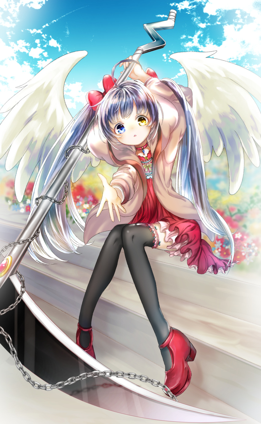 1girl, absurdres, ahoge, arm_up, bangs, black_legwear, blue_eyes, blue_flower