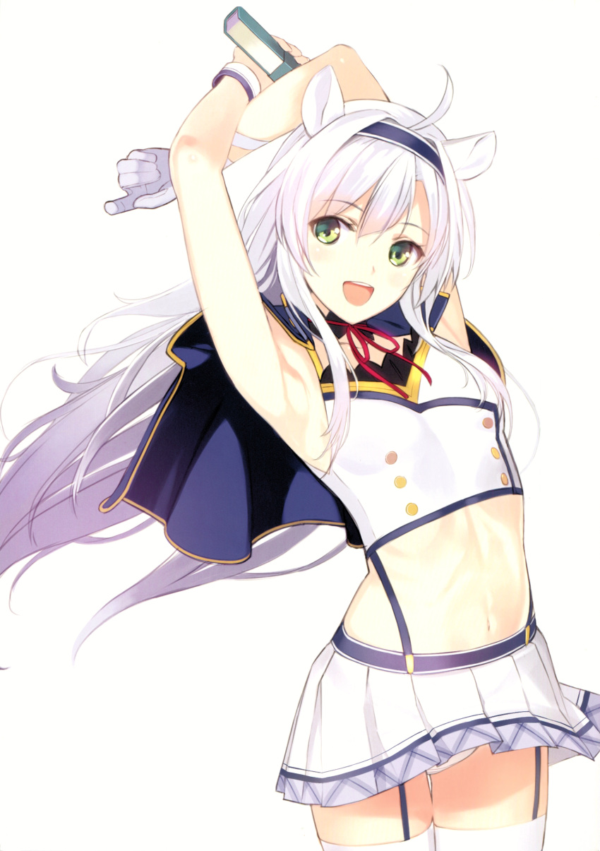 1girl, absurdres, animal_ears, armpits, arms_up, bangs, bow, bowtie, eyebrows_visible_through_hair, flat_cap, garter_straps, gloves, green_eyes, hat, highres, holding, long_hair, looking_at_viewer, mibu_natsuki, midriff, navel, open_mouth, panties, rokudenashi_majutsu_koushi_to_akashic_record, scan, simple_background, single_glove, sistine_fiber, skirt, sleeveless, smile, solo, underwear, white_background, white_gloves, white_hair, white_panties, wristband