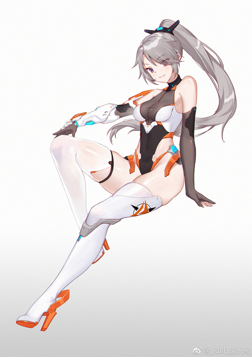 1girl, artist_name, bodysuit, boots, breasts, covered_navel, elbow_gloves, eyebrows_visible_through_hair, full_body, gloves, gradient, gradient_background, grey_gloves, high_heel_boots, high_heels, highres, leotard, long_hair, looking_at_viewer, medium_breasts, original, partly_fingerless_gloves, ponytail, silver_hair, simple_background, smile, smile_(mm-l), solo, thigh-highs, thigh_boots, vambraces, very_long_hair, violet_eyes, weibo_username, white_legwear