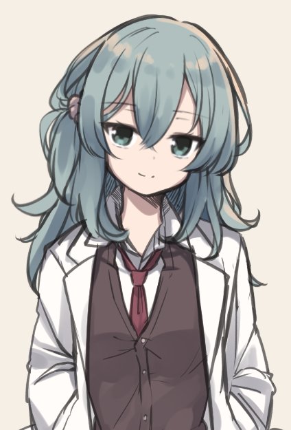 1girl, bangs, blue_hair, brown_background, brown_vest, closed_mouth, collared_shirt, commentary_request