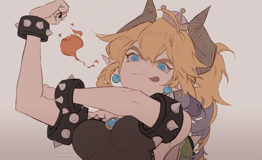1girl, armlet, beige_background, black_collar, black_dress, blonde_hair, blue_eyes, borrowed_design, bowsette, bracelet, breasts, breathing_fire, closed_mouth, crown, dress, earrings, fire, horns, jewelry, kawacy, super_mario_bros., new_super_mario_bros._u_deluxe, nintendo, pointy_ears, smile, solo, spiked_armlet, spiked_bracelet, spiked_shell, spikes, strapless, strapless_dress, super_crown, tongue, tongue_out, turtle_shell, upper_body, we_can_do_it!