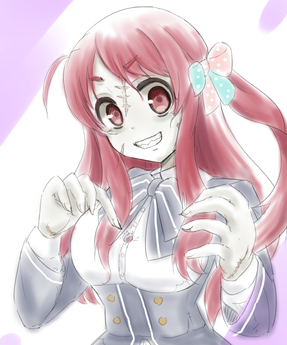1girl, ahoge, bow, breasts, bullet_hole, grin, hair_bow, hair_ribbon, long_hair, looking_at_viewer, medium_breasts, minamoto_sakura_(zombieland_saga), pale_skin, pink_hair, red_eyes, ribbon, scar, school_uniform, smile, solo, teina, upper_body, zombie, zombieland_saga