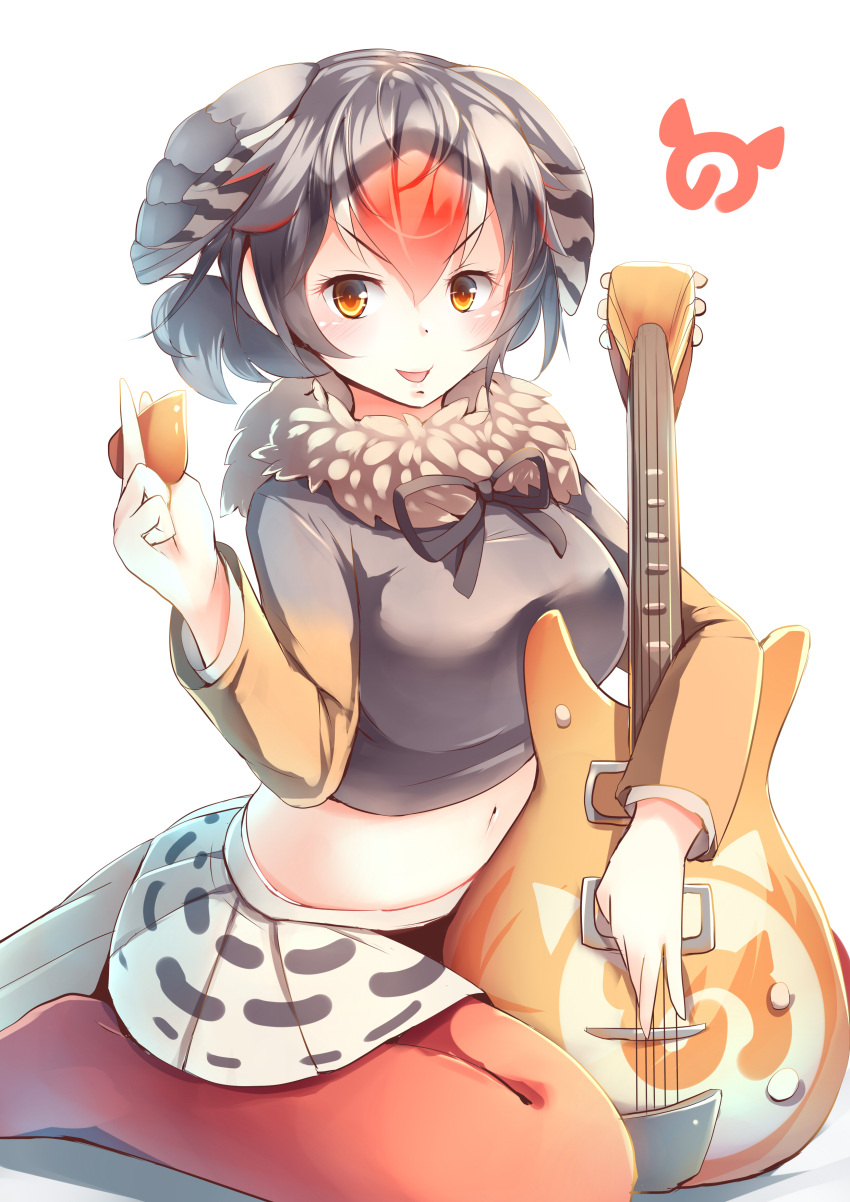 1girl, :d, absurdres, black_hair, chukar_partridge_(kemono_friends), fur_collar, guitar, hair_between_eyes