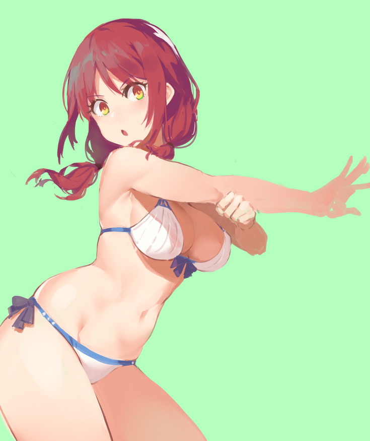 1girl, :o, aqua_background, armpits, arms_up, bangs, bikini, blue_ribbon