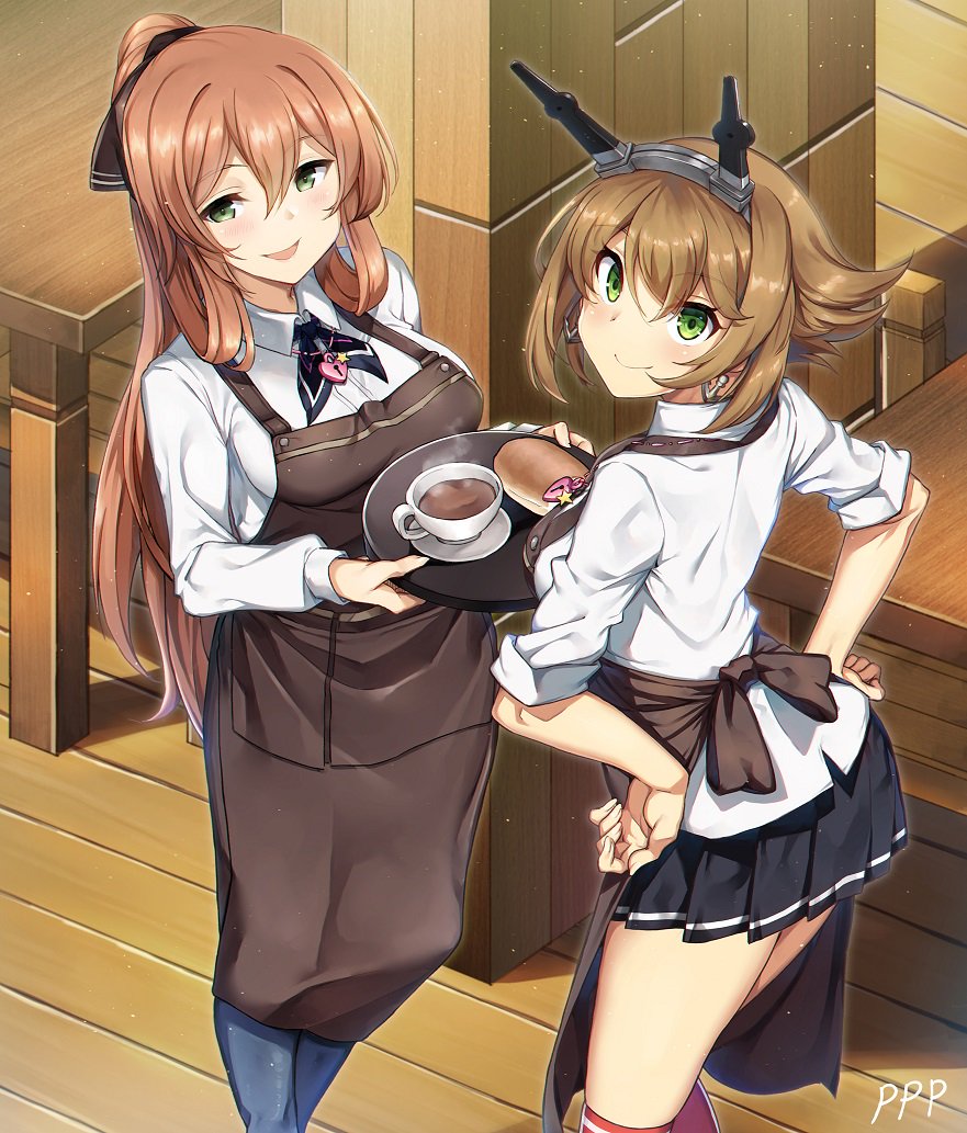 2girls, apron, black_skirt, breasts, brown_hair, closed_mouth, flipped_hair, girls_frontline, green_eyes, hair_between_eyes, hand_on_hip, heart_lock_(kantai_collection), jju_kumey, kantai_collection, large_breasts, long_hair, long_sleeves, m1903_springfield_(girls_frontline), multiple_girls, mutsu_(kantai_collection), parted_lips, pleated_skirt, ponytail, red_legwear, shirt, short_hair, sidelocks, skirt, smile, striped, striped_skirt, thigh-highs, waitress, white_shirt