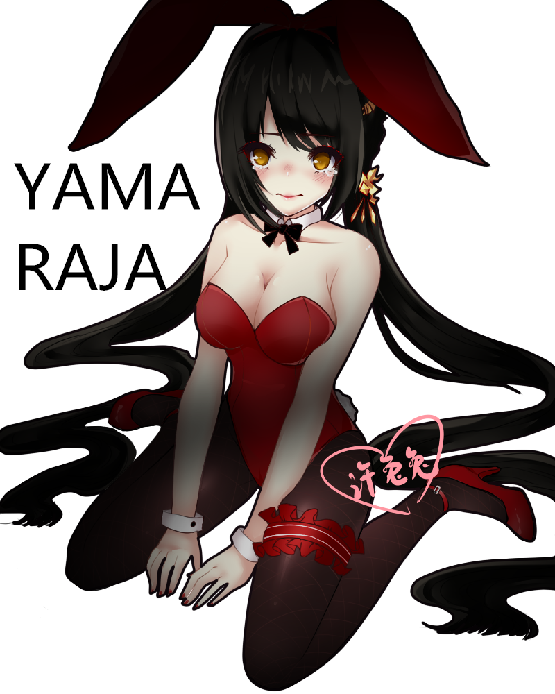 1girl, 2200659903_rika, animal_costume, ara_han, bare_shoulders, black_hair, blush, breasts