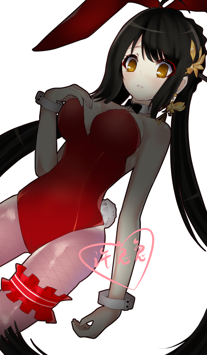 1girl, 2200659903_rika, animal_costume, ara_han, bare_shoulders, blush, breasts, bunny_costume, bunny_hair_ornament, cleavage, earrings, elsword, eyebrows_visible_through_hair, hair_ornament, highres, jewelry, long_hair, open_mouth, ribbon, white_background