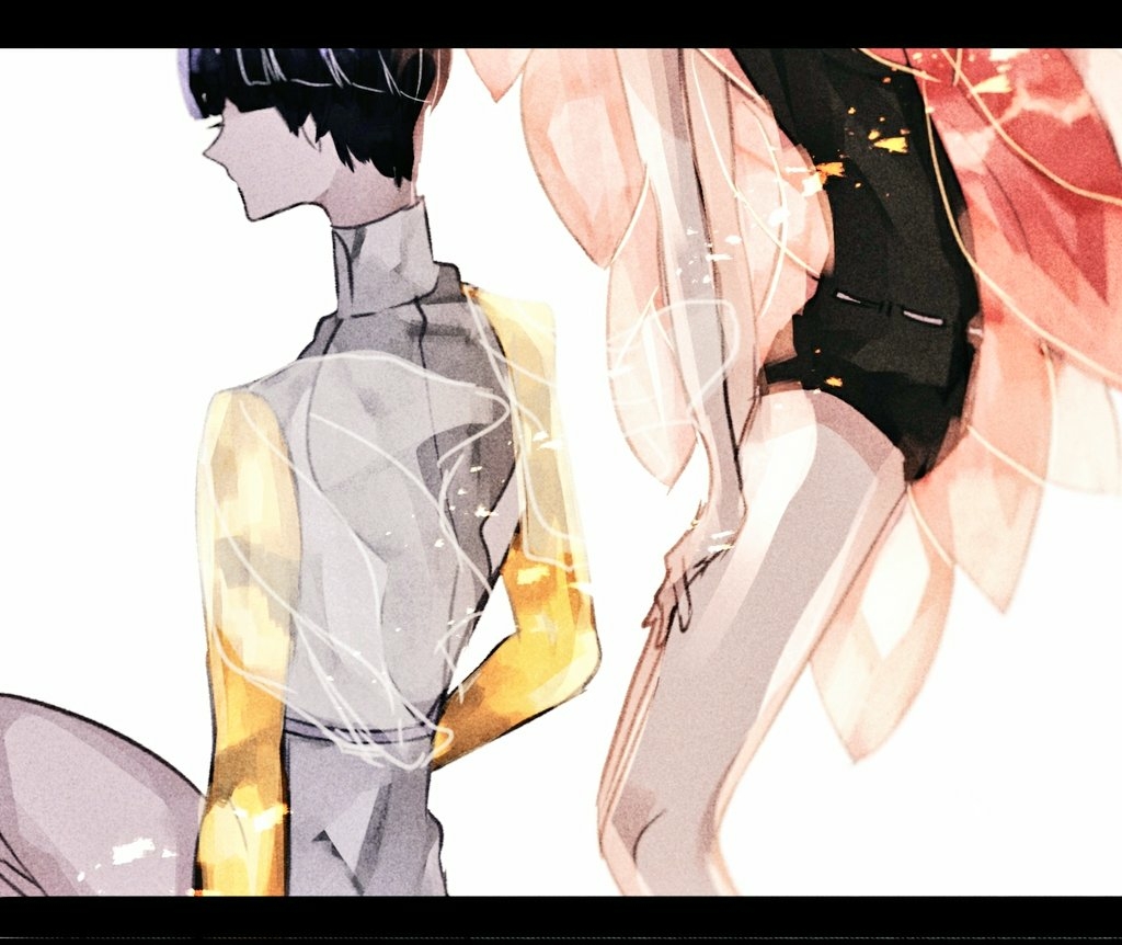 2others, androgynous, black_hair, blue_hair, gem_uniform_(houseki_no_kuni), golden_arms, houseki_no_kuni, letterboxed