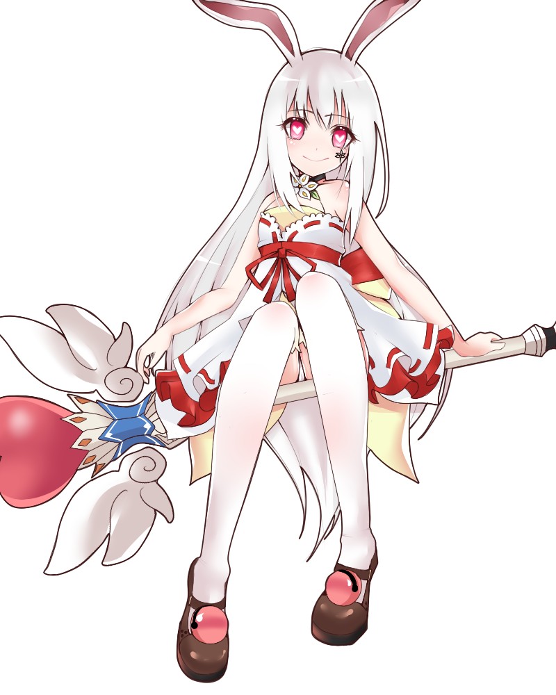 1girl, 2200659903_rika, aisha_(elsword), animal_ears, bare_shoulders, dress, elsword, eyebrows_visible_through_hair, facial_mark, heart, heart-shaped_pupils, long_hair, rabbit_ears, sitting, sitting_on_object, smile, symbol-shaped_pupils, white_hair