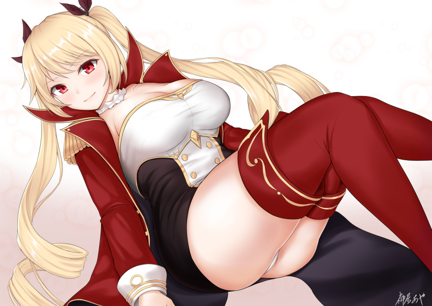 1girl, azur_lane, black_ribbon, blonde_hair, blush, breasts, cleavage, collar