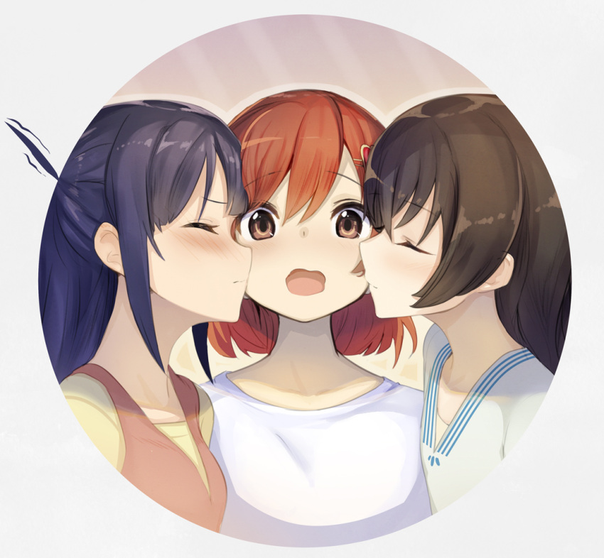 3girls, aijou_karen, black_hair, blush, brown_eyes, brown_hair, cheek_kiss, closed_eyes, collarbone, commentary_request, crown_hair_ornament, eyebrows_visible_through_hair, kagura_hikari, kiss, long_hair, love_triangle, minutachi, multiple_girls, nose_blush, outline, shoujo_kageki_revue_starlight, surprised, tsuyuzaki_mahiru, two_side_up, upper_body, wavy_mouth, yuri