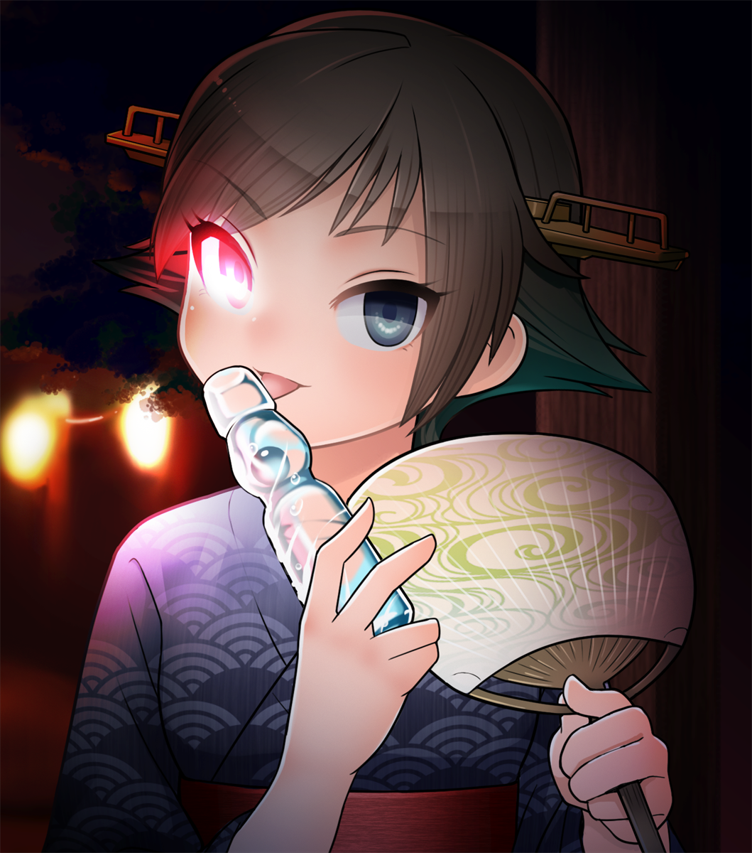 1girl, blue_eyes, blue_kimono, bottle, brown_hair, commentary_request, fan, flipped_hair