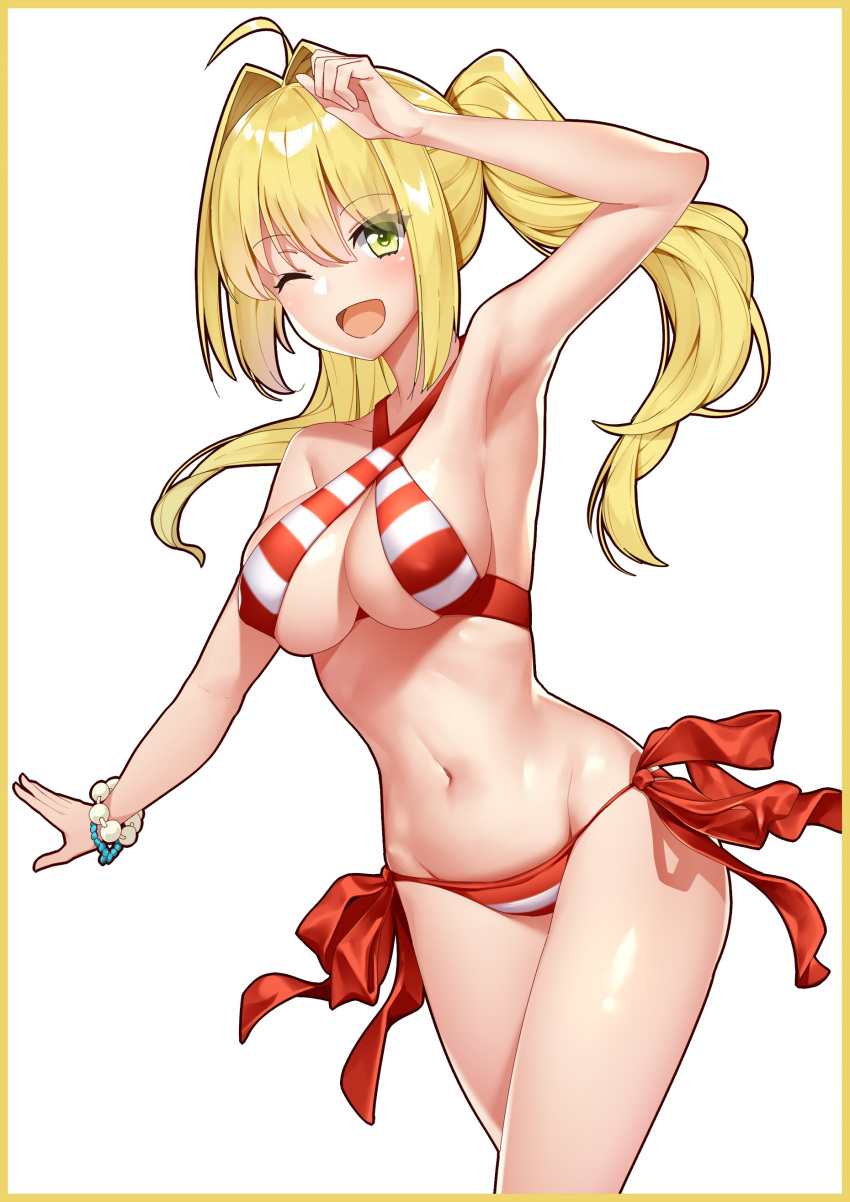 1girl, ;d, absurdres, ahoge, arm_up, armpits, bangs, bikini
