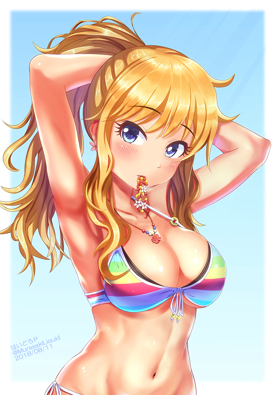 1girl, adjusting_hair, arms_behind_head, bikini, blonde_hair, blush, border, breasts, cleavage, collarbone, commentary_request, dated, eyebrows_visible_through_hair, eyelashes, front-tie_bikini, front-tie_top, head_tilt, highres, hydro_p, idolmaster, idolmaster_cinderella_girls, idolmaster_cinderella_girls_starlight_stage, jewelry, large_breasts, long_hair, looking_at_viewer, mouth_hold, navel, necklace, o-ring, o-ring_bikini, ootsuki_yui, ponytail, rainbow_bikini, side-tie_bikini, solo, swimsuit, twitter_username, violet_eyes, white_border