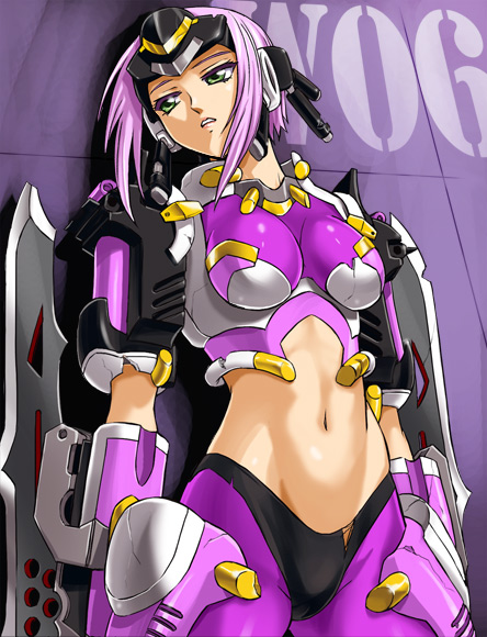 arm_blade, blade, endless_frontier, green_eyes, haruyama, kaldia_basirissa, midriff, navel, pink_hair, short_hair, solo, super_robot_wars, super_robot_wars_og_saga_mugen_no_frontier, weapon