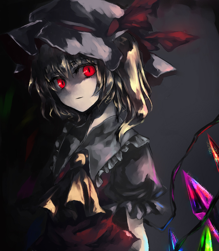 flandre_scarlet, fori, glowing, glowing_eyes, hat, looking_at_viewer, red_eyes, ribbon