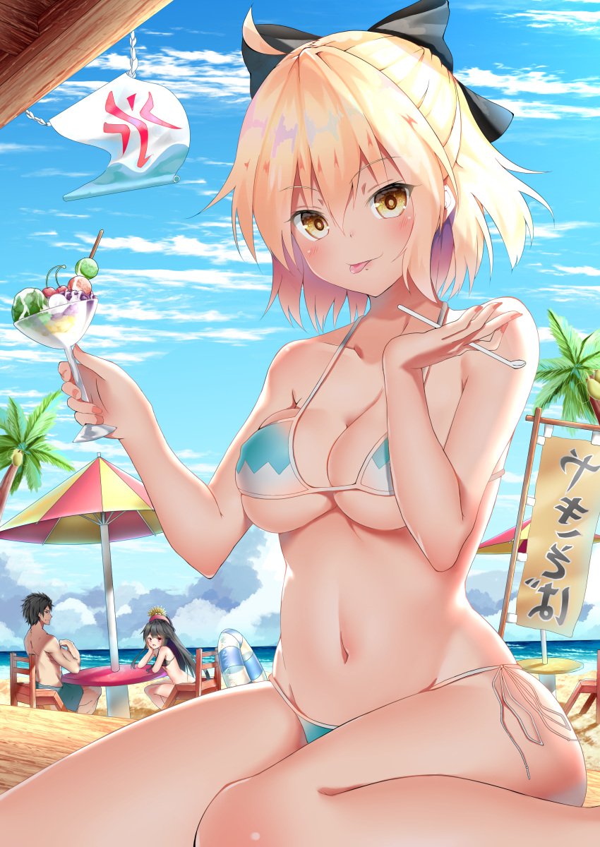 1boy, 2girls, :p, absurdres, adapted_costume, ahoge, aqua_bikini, arm_support, bangs, banner, bare_legs, bare_shoulders, beach, beach_umbrella, bikini, black_bikini, black_bow, black_hair, blonde_hair, blue_sky, blush, bow, breasts, character_request, cherry, cleavage, closed_mouth, clouds, coconut_tree, collarbone, commentary_request, day, eyebrows_visible_through_hair, fate/grand_order, fate_(series), food, fruit, hair_bow, half_updo, highres, hijikata_toshizou_(fate/grand_order), holding, ice_cream, ice_cream_spoon, innertube, leaning_forward, long_hair, male_swimwear, medium_breasts, multiple_girls, muscle, nail_polish, navel, ocean, oda_nobunaga_(fate), okita_souji_(fate), okita_souji_(fate)_(all), outdoors, palm_tree, pink_nails, red_eyes, ribbon, short_hair, side-tie_bikini, sitting, skindentation, sky, smile, spoon, stomach, string_bikini, sundae, swim_trunks, swimsuit, swimwear, table, tongue, tongue_out, translated, tree, umbrella, under_boob, very_long_hair, wariza, white_ribbon, yashima_roi, yellow_eyes