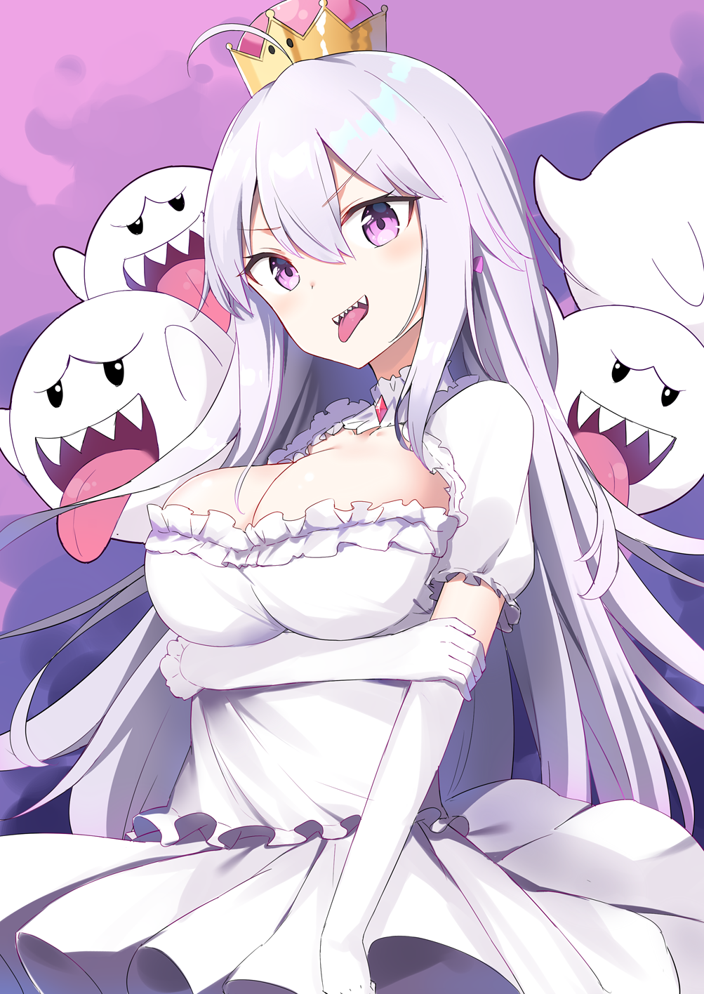 1girl, :d, ahoge, bangs, boo, breasts, cleavage, crown