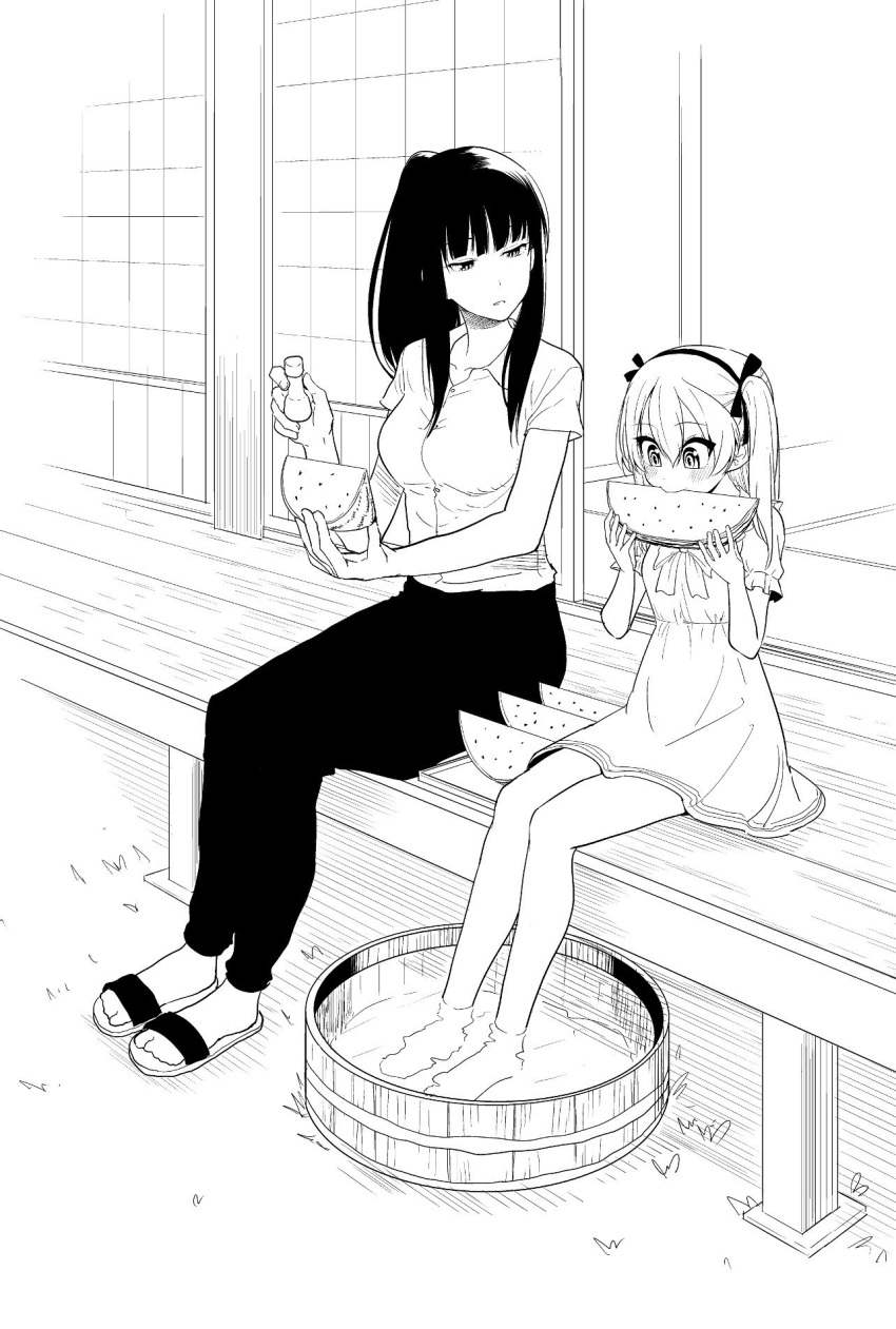 2girls, alternate_hairstyle, bangs, barefoot, barrel, black_ribbon, blunt_bangs, blush