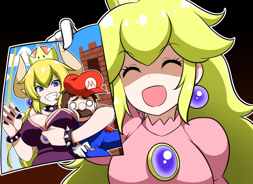 benten_(pixiv15996491), black_collar, black_dress, blonde_hair, bowser, bowsette, bracelet, collar, comedy, crown, dress, earrings, highres, horns, jealous, jealousy, jewelry, leotard, mario, new_super_mario_bros._u_deluxe, nintendo, peachette, photo_(object), pointy_ears, princess_peach, shaded_face, sharp_teeth, spiked_armlet, spiked_bracelet, spiked_collar, spikes, strapless, strapless_dress, strapless_leotard, super_crown, super_mario_bros., teeth