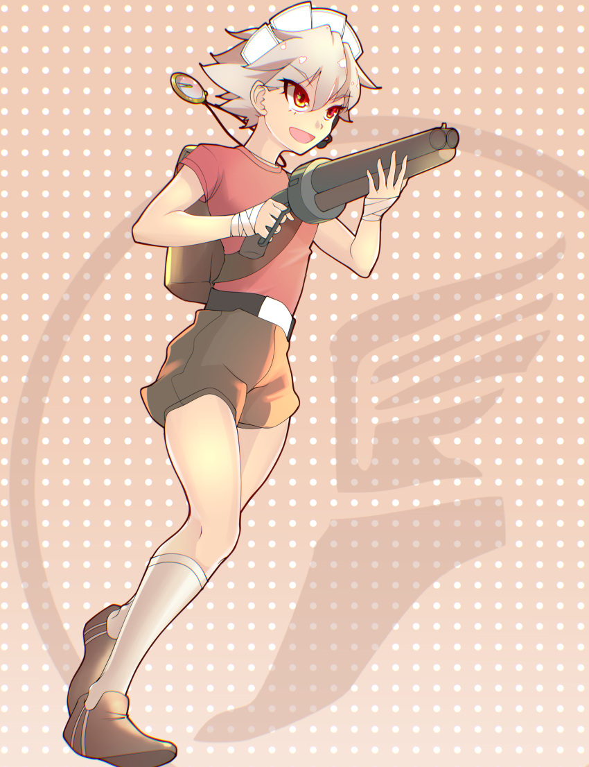 1girl, absurdres, backpack, bag, bandage, bandaged_hands, bandages, belt, black_footwear, cosplay, crossover, double_barrels, gun, highres, izayoi_sakuya, jewelry, kneehighs, lever_action, maid_headdress, majormilk, necklace, pocket_watch, red_eyes, red_shirt, scattergun, shirt, shoes, short_hair, short_shorts, shorts, shotgun, smile, sneakers, socks, t-shirt, team_fortress_2, the_scout, the_scout_(cosplay), touhou, watch, weapon, white_hair