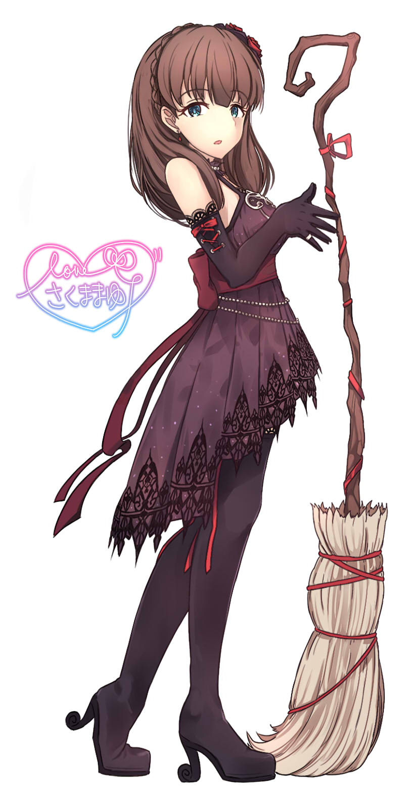1girl, ahokoo, boots, braid, broom, dress, earrings, elbow_gloves