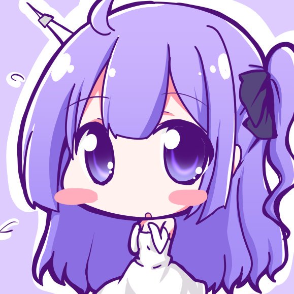 1girl, :o, ahoge, azur_lane, bangs, bare_shoulders, big_head, black_ribbon, blush_stickers, chibi, commentary_request, dress, elbow_gloves, eyebrows_visible_through_hair, geo_(yukishitadou), gloves, hair_between_eyes, hair_ribbon, long_hair, looking_at_viewer, one_side_up, outline, parted_lips, purple_background, purple_hair, ribbon, solo, strapless, strapless_dress, unicorn_(azur_lane), very_long_hair, violet_eyes, white_dress, white_gloves, white_outline