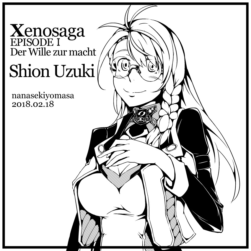 1girl, absurdres, braid, breasts, cleavage, closed_mouth, commentary_request, glasses, highres, large_breasts, long_hair, looking_at_viewer, monochrome, nanase_kiyomasa, shion_uzuki, solo, xenosaga, xenosaga_episode_i