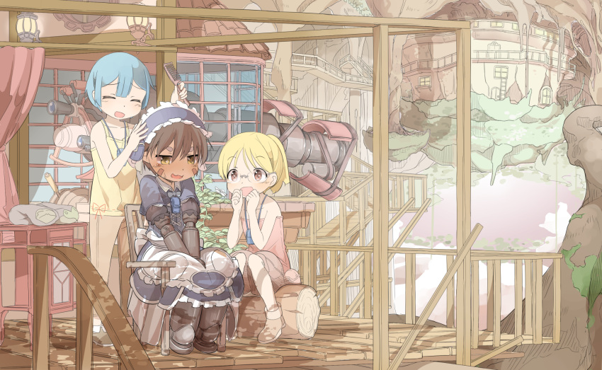 1girl, 2boys, :d, alternate_hairstyle, bare_shoulders, blonde_hair, blue_hair, blush