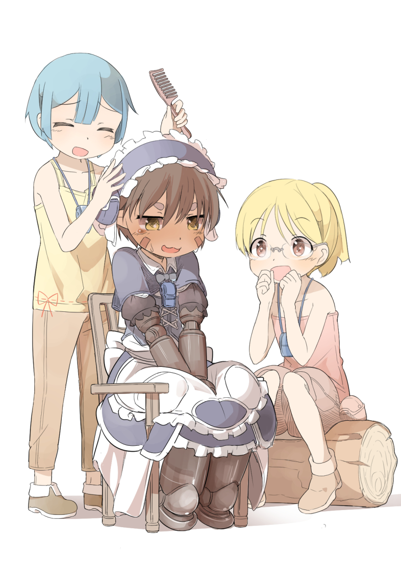 1girl, 2boys, :d, alternate_hairstyle, bare_shoulders, blonde_hair, blue_hair, blush