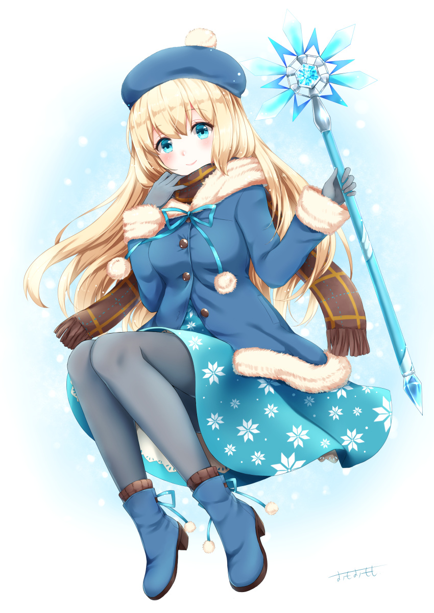 1girl, absurdres, bangs, beret, blonde_hair, blue_eyes, blue_footwear, blue_hat