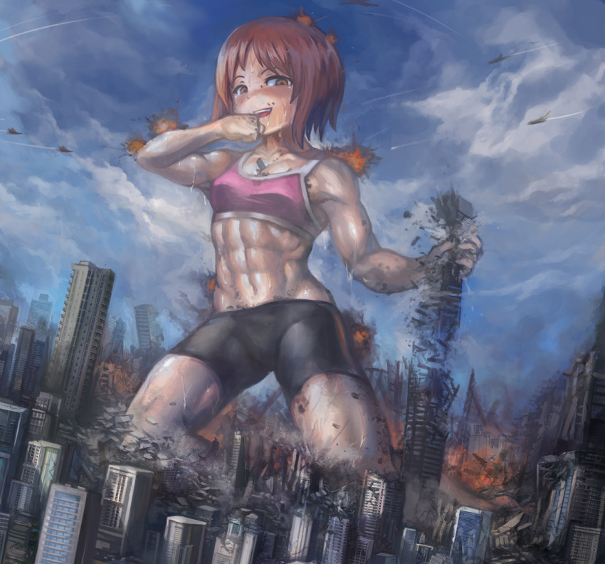 1girl, abs, bangs, bare_arms, bare_shoulders, biceps, bike_shorts, black_shorts
