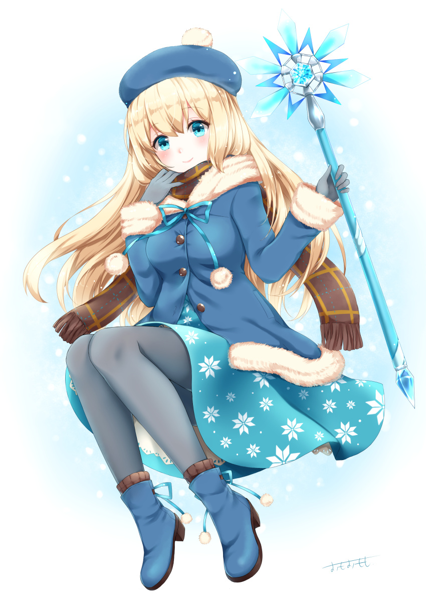 1girl, absurdres, bangs, beret, blonde_hair, blue_eyes, blue_footwear, blue_hat