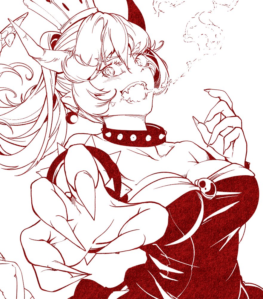 1girl, black_collar, borrowed_design, bowsette, bracelet, breathing_fire, collar, crown
